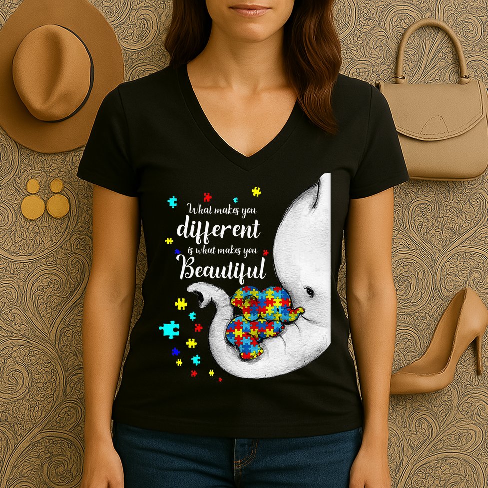 What Makes You Different Elephant Mom Autism Child Awareness Women's V-Neck T-Shirt