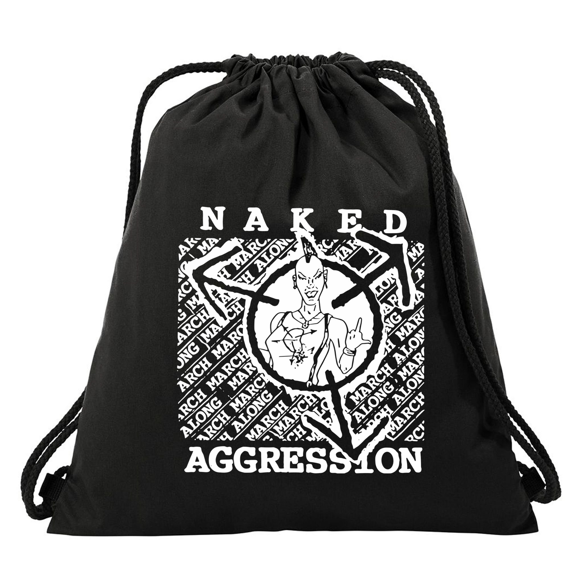 Wearing Naked Aggression Drawstring Bag