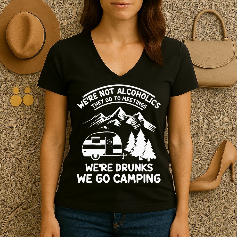 We're Not Alcoholics They Go to Meetings Funny Camping Women's V-Neck T-Shirt