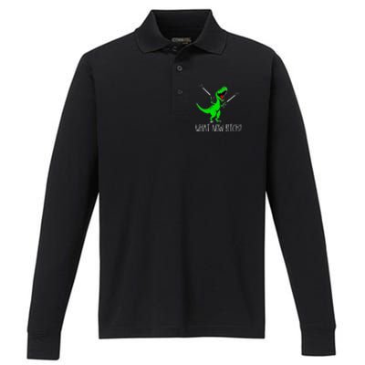 What Now Bitch Funny T Rex Dinosaur Performance Long Sleeve Polo