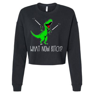 What Now Bitch Funny T Rex Dinosaur Cropped Pullover Crew