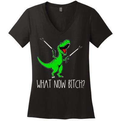 What Now Bitch Funny T Rex Dinosaur Women's V-Neck T-Shirt