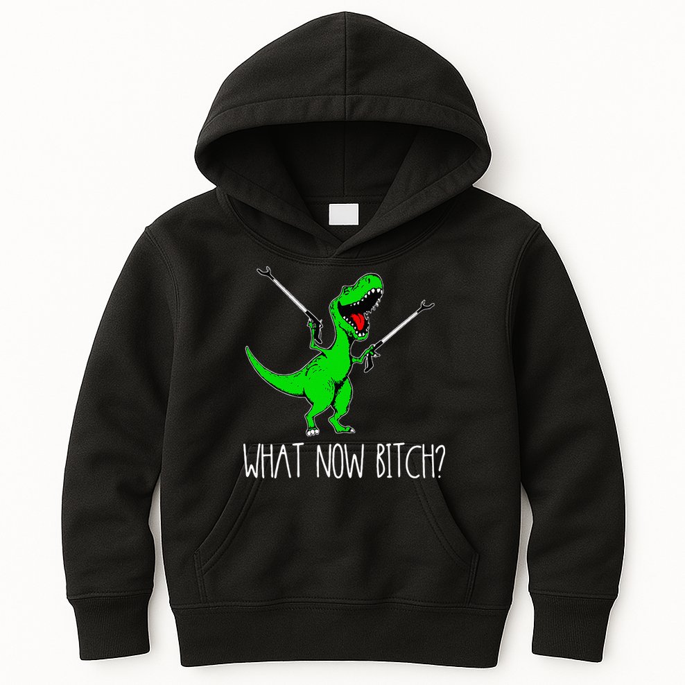 What Now Bitch Funny T Rex Dinosaur Kids Hoodie
