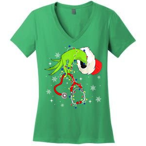 Women Nurse Christmas Stethoscope Nurses Xmas Pajamas Santa Gift Women's V-Neck T-Shirt