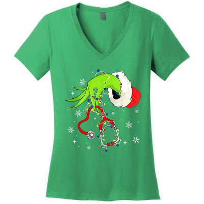 Women Nurse Christmas Stethoscope Nurses Xmas Pajamas Santa Gift Women's V-Neck T-Shirt