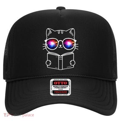White Nerd Cat With Galactic Lenses And Book High Crown Mesh Back Trucker Hat