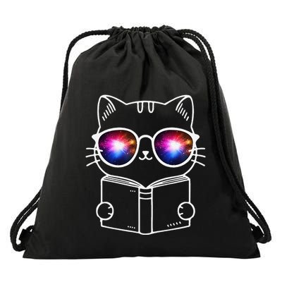White Nerd Cat With Galactic Lenses And Book Drawstring Bag