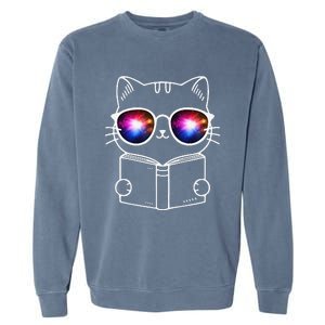 White Nerd Cat With Galactic Lenses And Book Garment-Dyed Sweatshirt