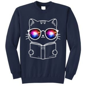 White Nerd Cat With Galactic Lenses And Book Tall Sweatshirt