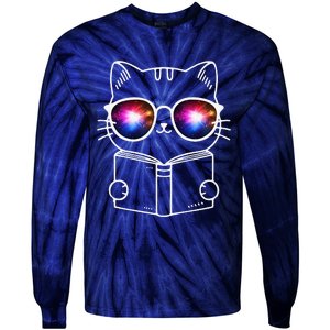 White Nerd Cat With Galactic Lenses And Book Tie-Dye Long Sleeve Shirt