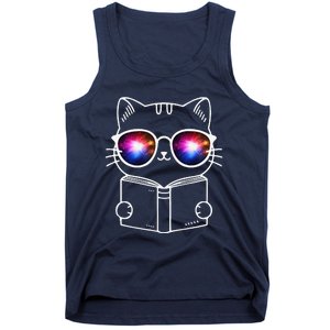 White Nerd Cat With Galactic Lenses And Book Tank Top