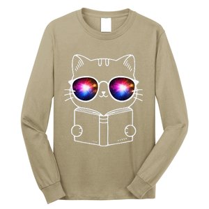 White Nerd Cat With Galactic Lenses And Book Long Sleeve Shirt