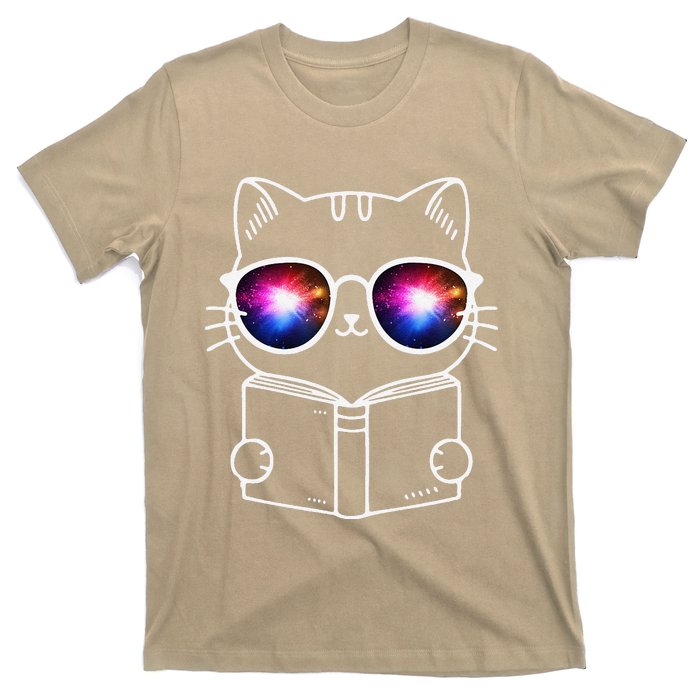 White Nerd Cat With Galactic Lenses And Book T-Shirt