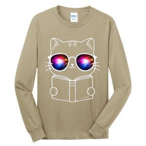 White Nerd Cat With Galactic Lenses And Book Tall Long Sleeve T-Shirt