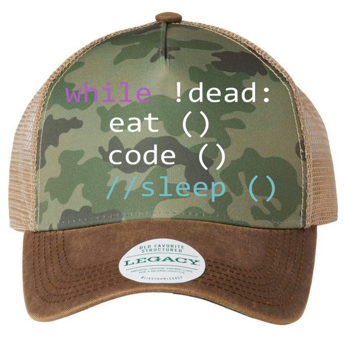 While Not Dead Eat Sleep Code Tech Hack Science Programming Legacy Tie Dye Trucker Hat