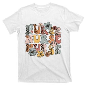 Wildflowers Nurse Groovy Floral Boho Leopard Nurses Day T-Shirt