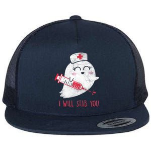 Wo Nurse Ghost I Will Stab You Gift Funny Halloween Cute Gift Flat Bill Trucker Hat