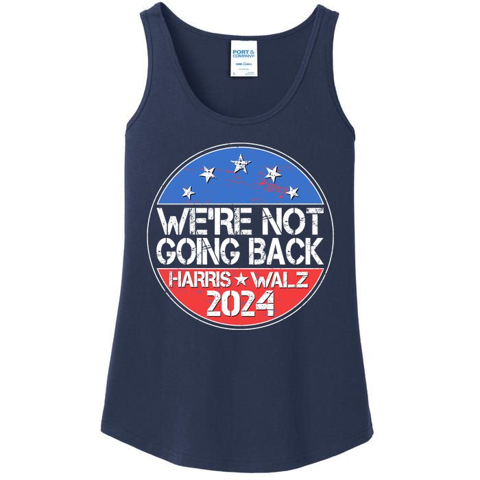 Were Not Going Back Kamala Harris Tim Walz 2024 Emblem Ladies Essential Tank