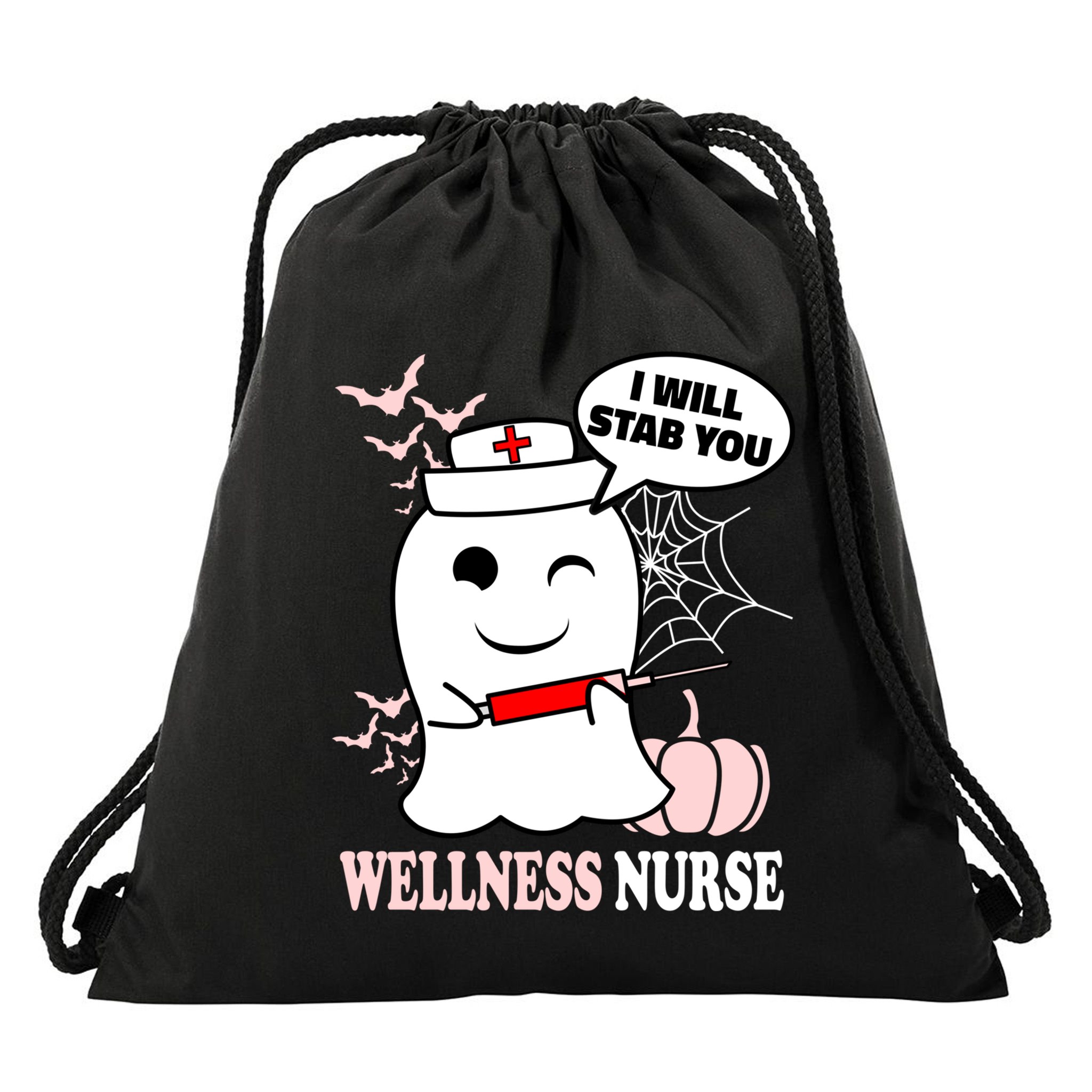 Wellness Nurse Halloween I Will Stab You Funny Ghost Gift Drawstring Bag