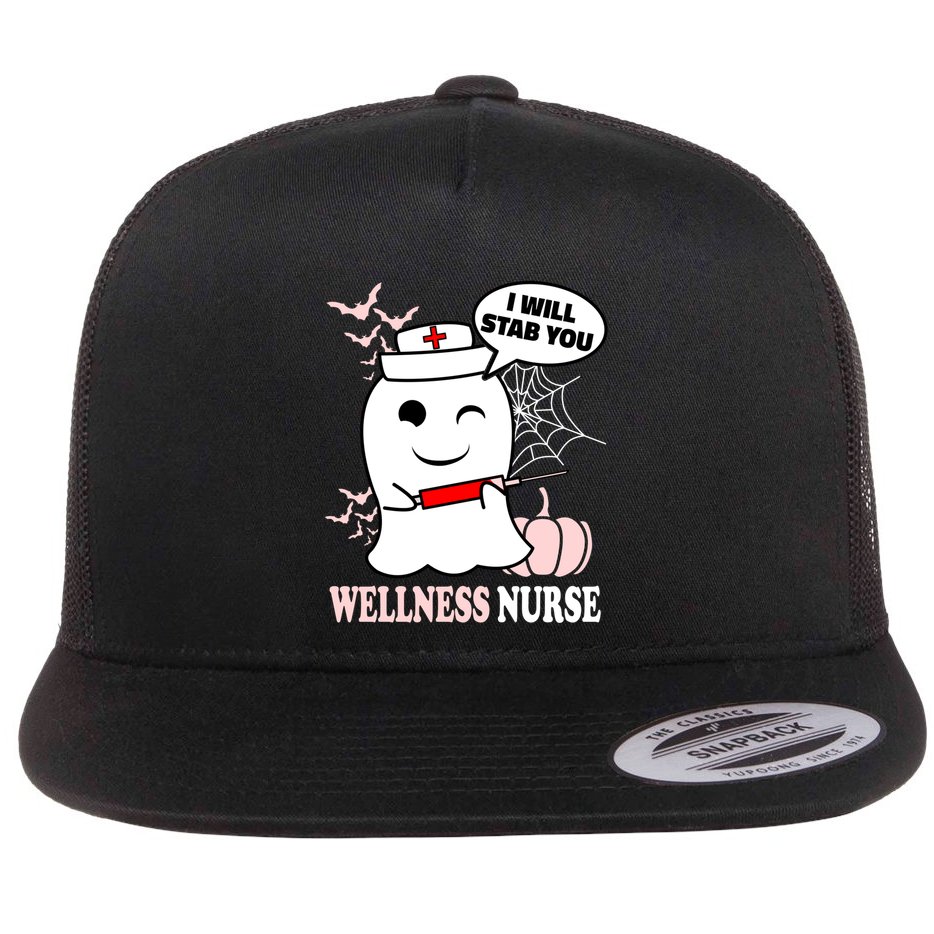 Wellness Nurse Halloween I Will Stab You Funny Ghost Gift Flat Bill Trucker Hat