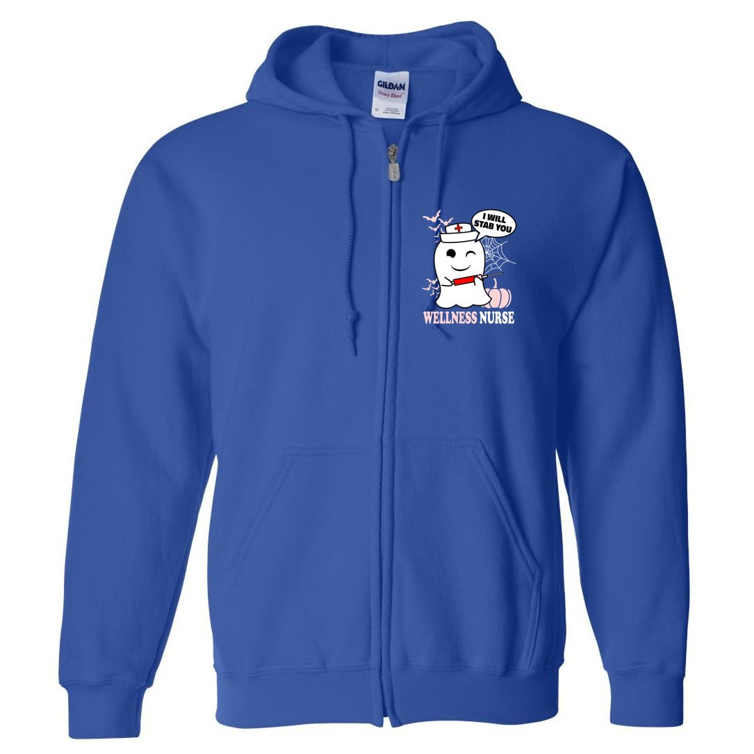 Wellness Nurse Halloween I Will Stab You Funny Ghost Gift Full Zip Hoodie