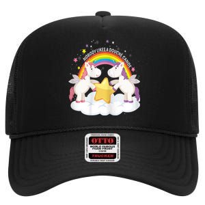 Womens Nobody Likes A Douche Canoe RainBow & Unicorn High Crown Mesh Back Trucker Hat