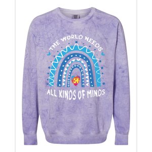 World Needs Minds Puzzle April Blue Rainbow Autism Awareness Funny Gift Colorblast Crewneck Sweatshirt