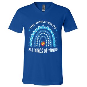 World Needs Minds Puzzle April Blue Rainbow Autism Awareness Funny Gift V-Neck T-Shirt