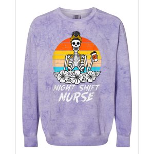 Womens Night Shift Nurse Skeleton Retro Halloween Scrub Colorblast Crewneck Sweatshirt