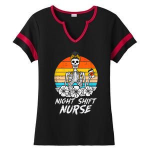 Womens Night Shift Nurse Skeleton Retro Halloween Scrub Ladies Halftime Notch Neck Tee