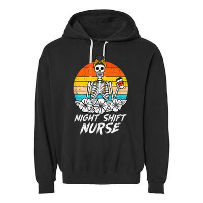 Womens Night Shift Nurse Skeleton Retro Halloween Scrub Garment-Dyed Fleece Hoodie