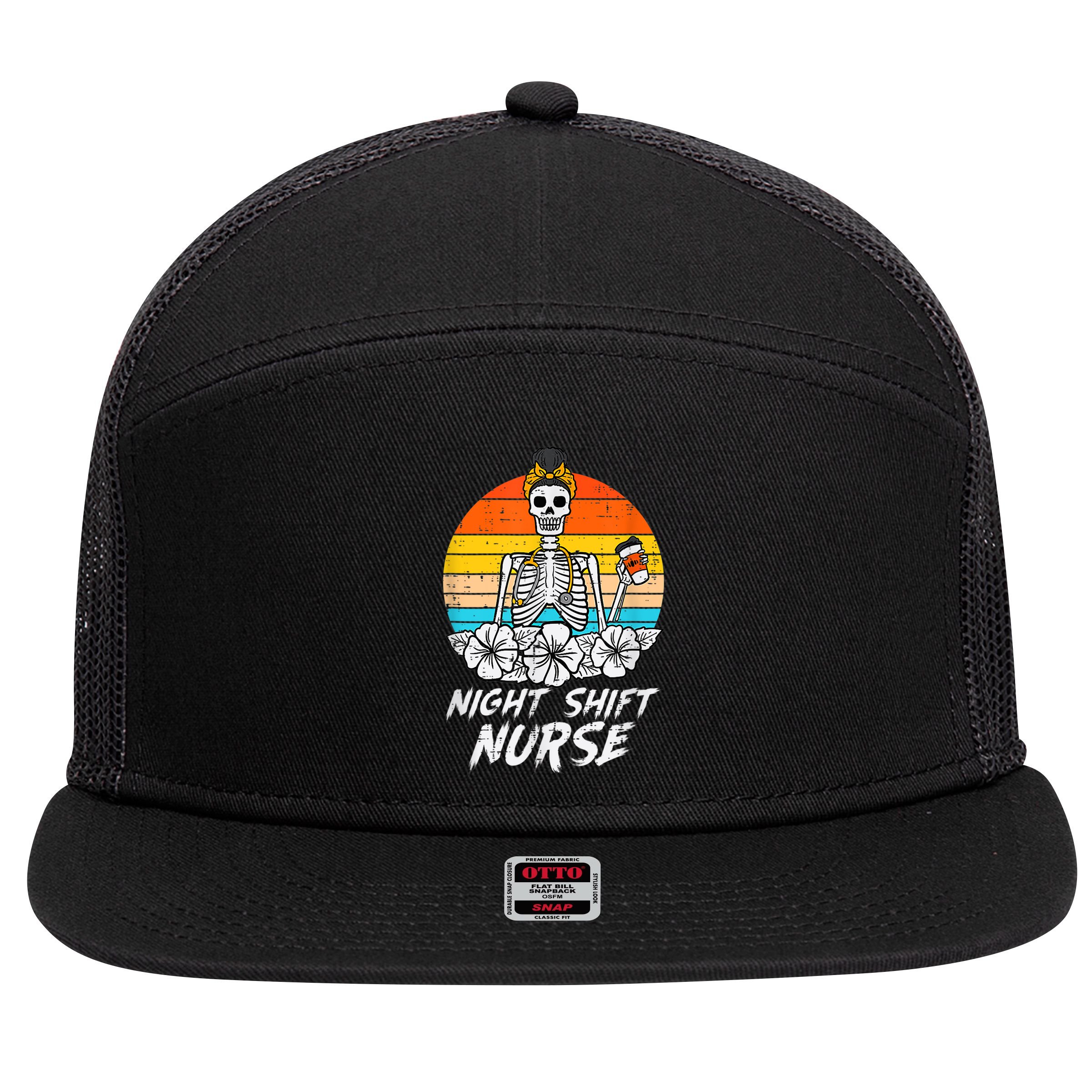 Womens Night Shift Nurse Skeleton Retro Halloween Scrub 7 Panel Mesh Trucker Snapback Hat