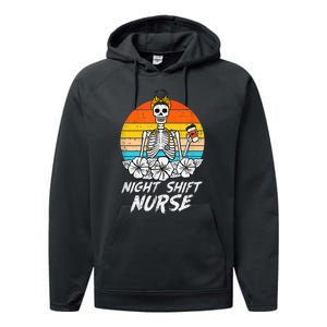 Womens Night Shift Nurse Skeleton Retro Halloween Scrub Performance Fleece Hoodie