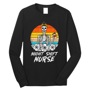 Womens Night Shift Nurse Skeleton Retro Halloween Scrub Long Sleeve Shirt