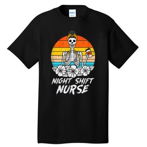 Womens Night Shift Nurse Skeleton Retro Halloween Scrub Tall T-Shirt