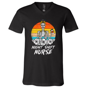 Womens Night Shift Nurse Skeleton Retro Halloween Scrub V-Neck T-Shirt