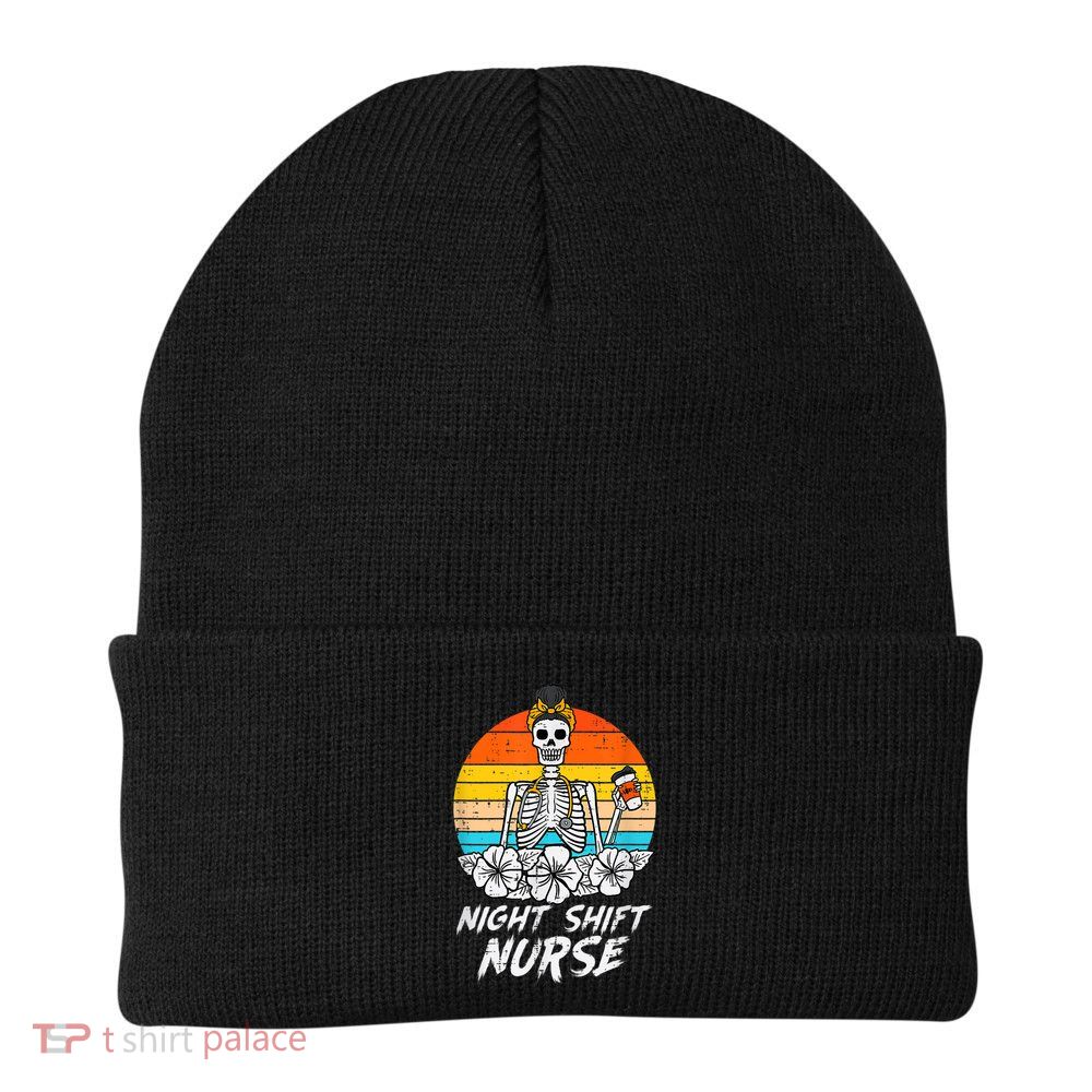 Womens Night Shift Nurse Skeleton Retro Halloween Scrub Beanie