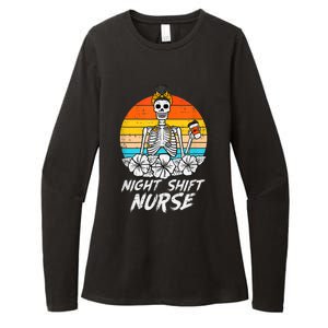 Womens Night Shift Nurse Skeleton Retro Halloween Scrub Womens CVC Long Sleeve Shirt