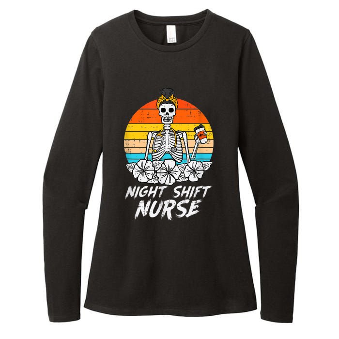 Womens Night Shift Nurse Skeleton Retro Halloween Scrub Womens CVC Long Sleeve Shirt