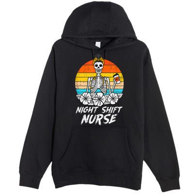 Womens Night Shift Nurse Skeleton Retro Halloween Scrub Premium Pullover Hoodie