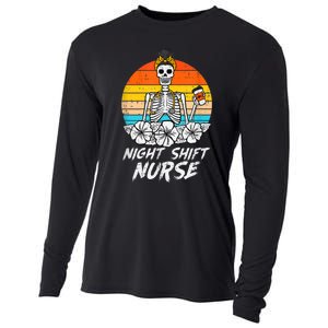 Womens Night Shift Nurse Skeleton Retro Halloween Scrub Cooling Performance Long Sleeve Crew