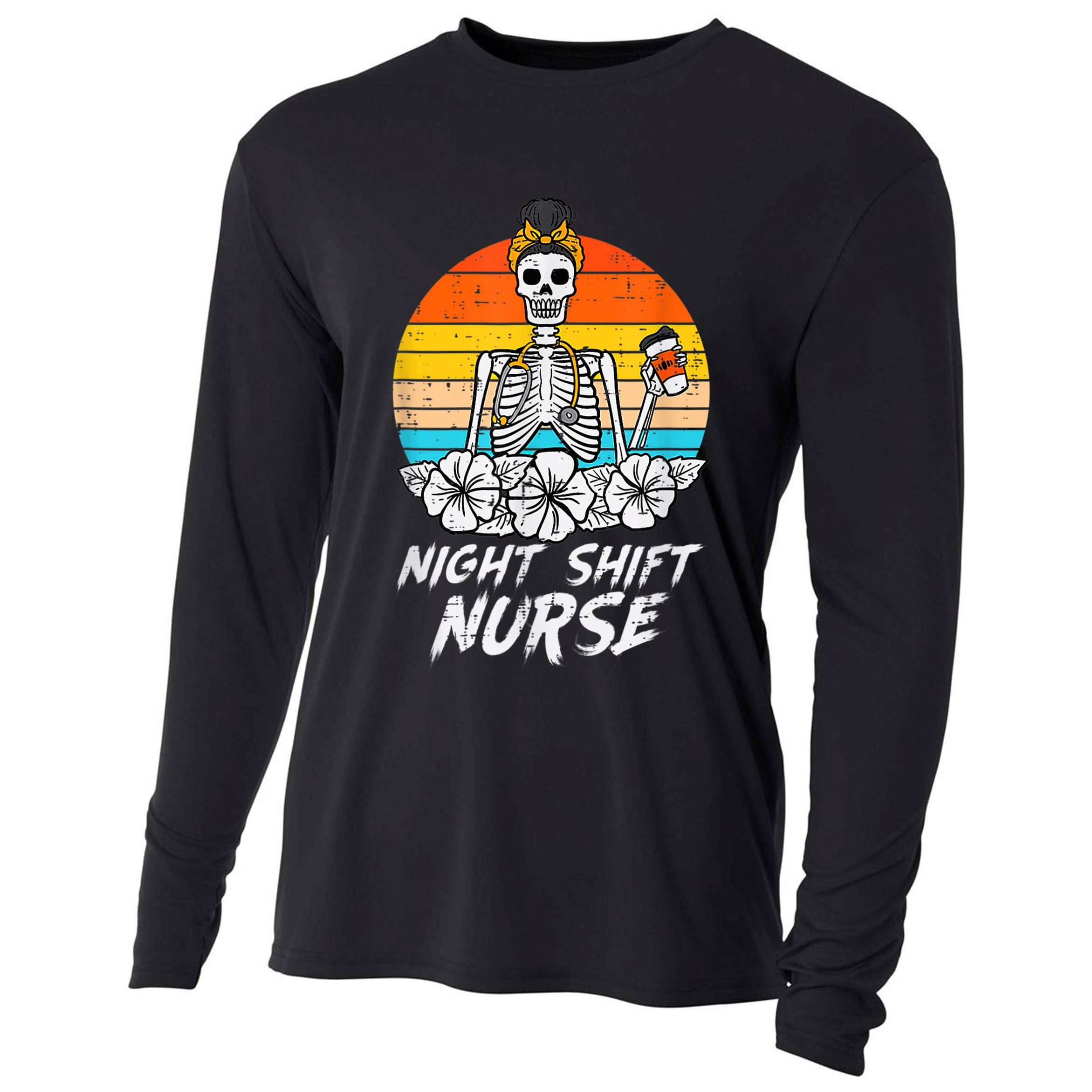 Womens Night Shift Nurse Skeleton Retro Halloween Scrub Cooling Performance Long Sleeve Crew