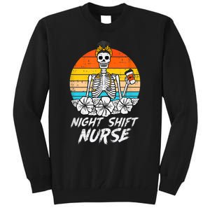 Womens Night Shift Nurse Skeleton Retro Halloween Scrub Tall Sweatshirt