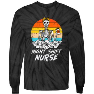 Womens Night Shift Nurse Skeleton Retro Halloween Scrub Tie-Dye Long Sleeve Shirt