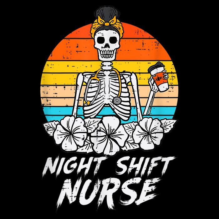 Womens Night Shift Nurse Skeleton Retro Halloween Scrub Tie-Dye T-Shirt