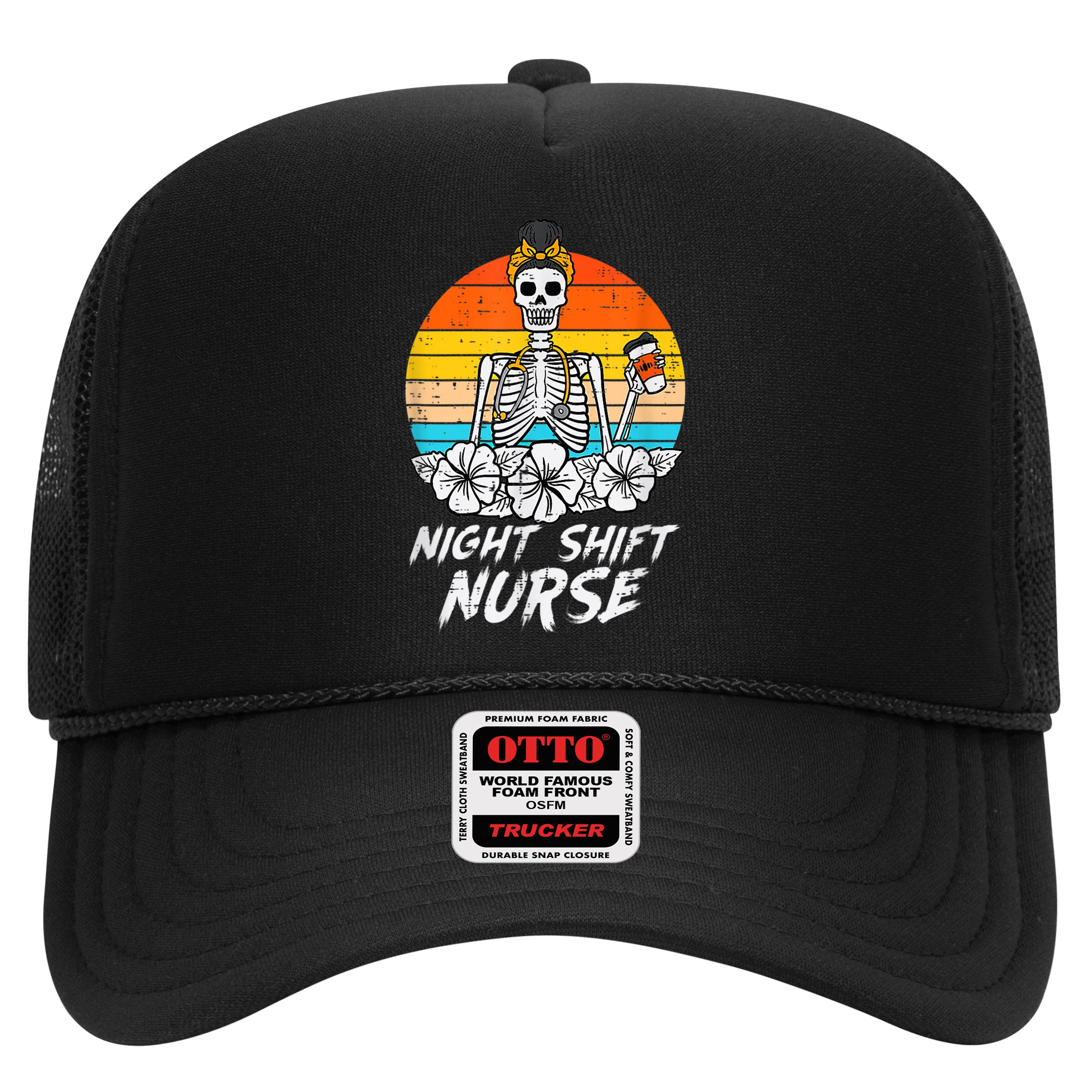 Womens Night Shift Nurse Skeleton Retro Halloween Scrub Hat