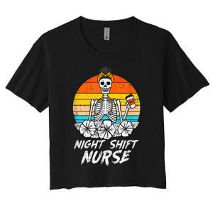 Womens Night Shift Nurse Skeleton Retro Halloween Scrub Women's Crop Top Tee