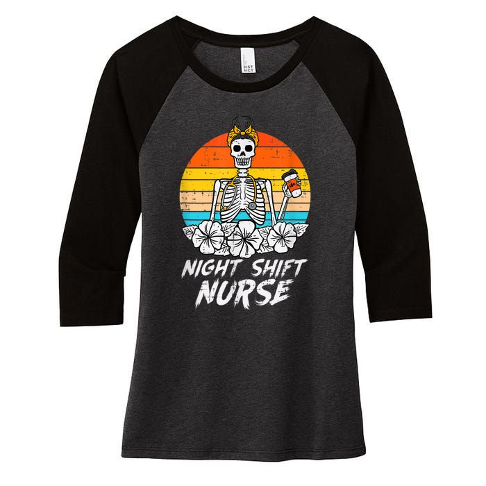 Womens Night Shift Nurse Skeleton Retro Halloween Scrub Women's Tri-Blend 3/4-Sleeve Raglan Shirt