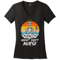 Womens Night Shift Nurse Skeleton Retro Halloween Scrub Women's V-Neck T-Shirt