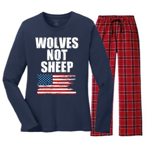 Wolves Not Sheep Distressed American USA Flag Women's Long Sleeve Flannel Pajama Set 